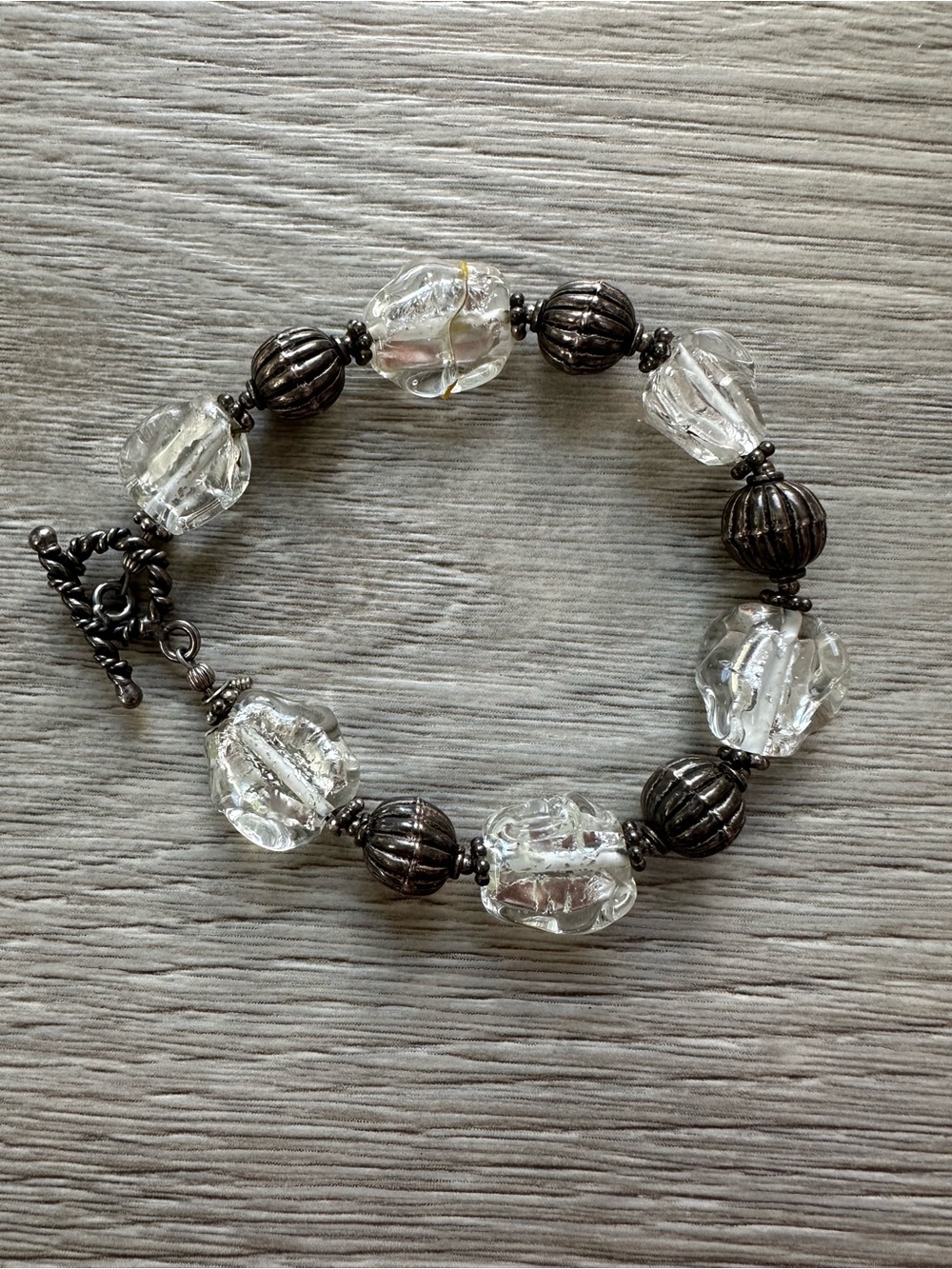 Handmade Clear Glass & Silver Foil Bead Bracelet 8” Artisanal